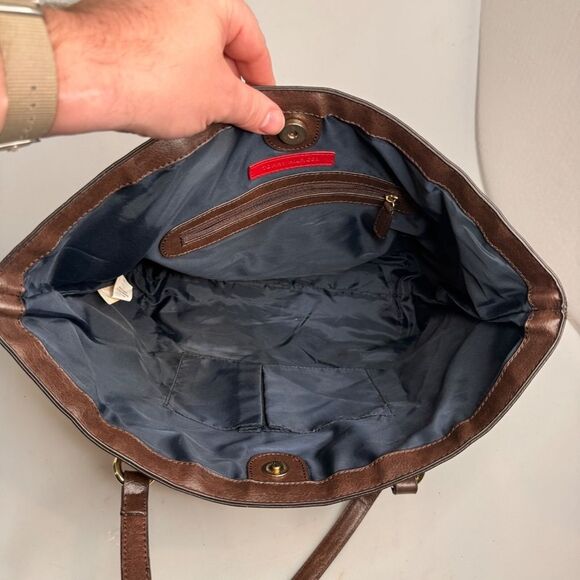 Tommy Hilfiger Pink Floral Canvas Tote Bag Brown Leather Accents 17"x10"x5" EUC - Picture 12 of 16